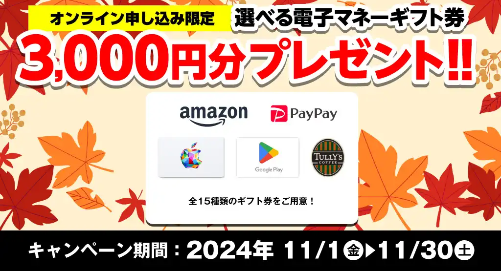 【オンライン申込限定】選べる電子マネーギフト券3,000円分プレゼント！！キャンペーン期間：2024年11/1～11/30