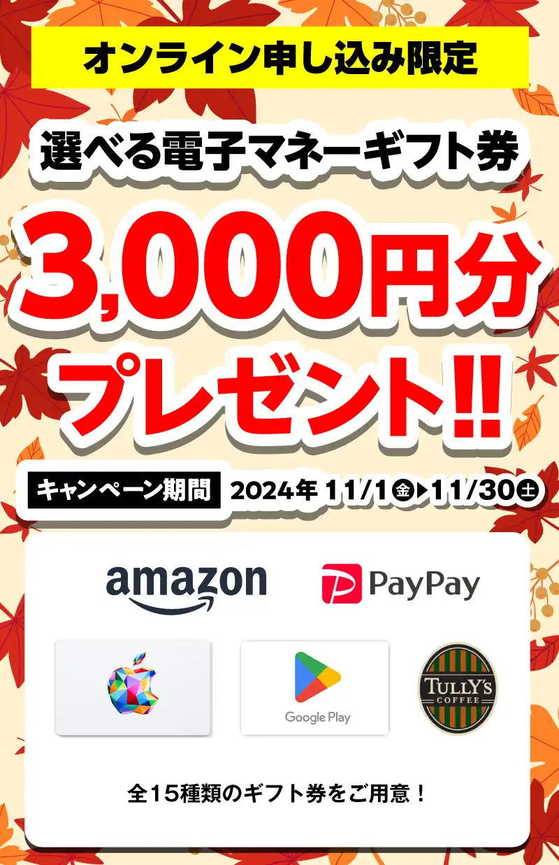 【オンライン申込限定】選べる電子マネーギフト券3,000円分プレゼント！！キャンペーン期間：2024年11/1～11/30