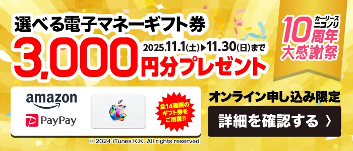 カーリースニコノリ10周年大感謝祭 選べる電子マネーギフト券3,000円分プレゼント（2025年11/1～11/30まで）