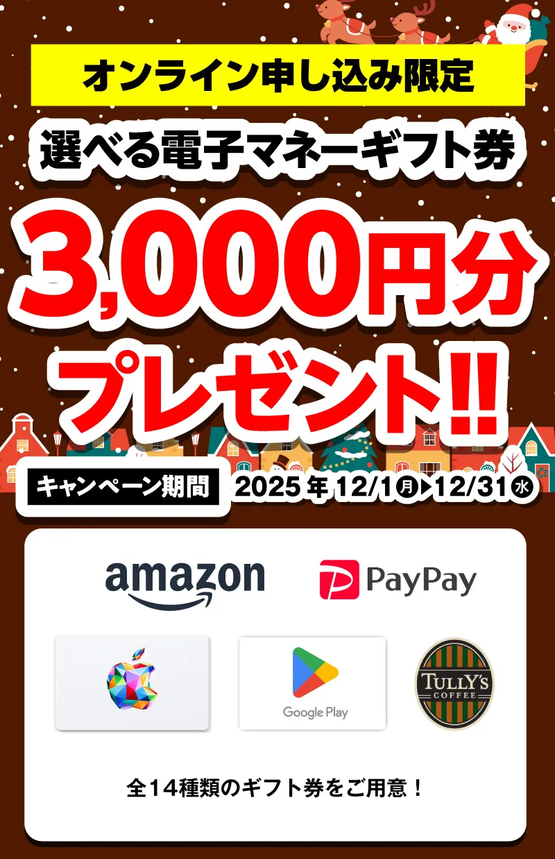 冬のプレゼントキャンペーン 選べる電子マネーギフト券3,000円分プレゼント（2025年12/1～12/31まで）