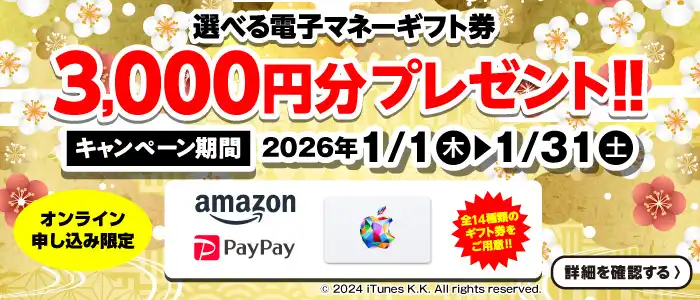 新春プレゼントキャンペーン！選べる電子マネーギフト券3,000円分プレゼント（2026年1/1～1/31まで）