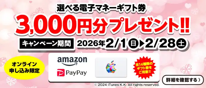 プレゼントキャンペーン！選べる電子マネーギフト券3,000円分プレゼント（2026年2/1～2/28まで）