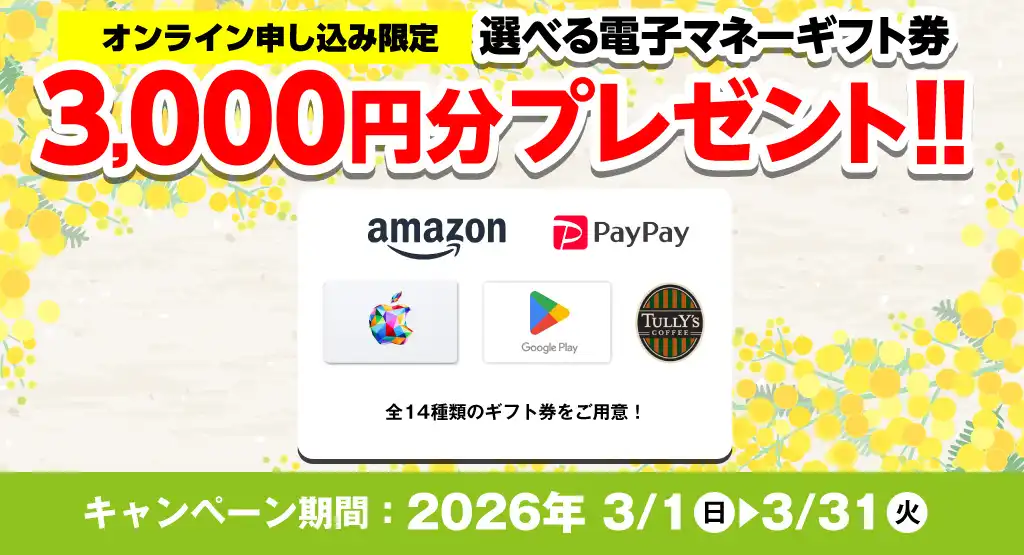 選べる電子マネーギフト券3,000円分プレゼント（キャンペーン期間：2026年3/1～3/31まで）