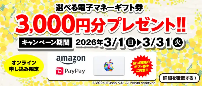 選べる電子マネーギフト券3,000円分プレゼント（キャンペーン期間：2026年3/1～3/31まで）