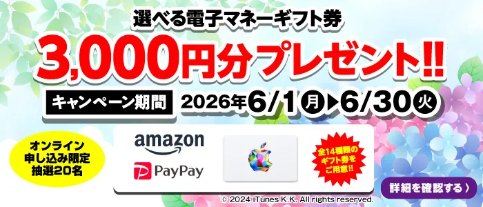 選べる電子マネーギフト券3,000円分プレゼント（キャンペーン期間：2026年6/1～6/30まで）