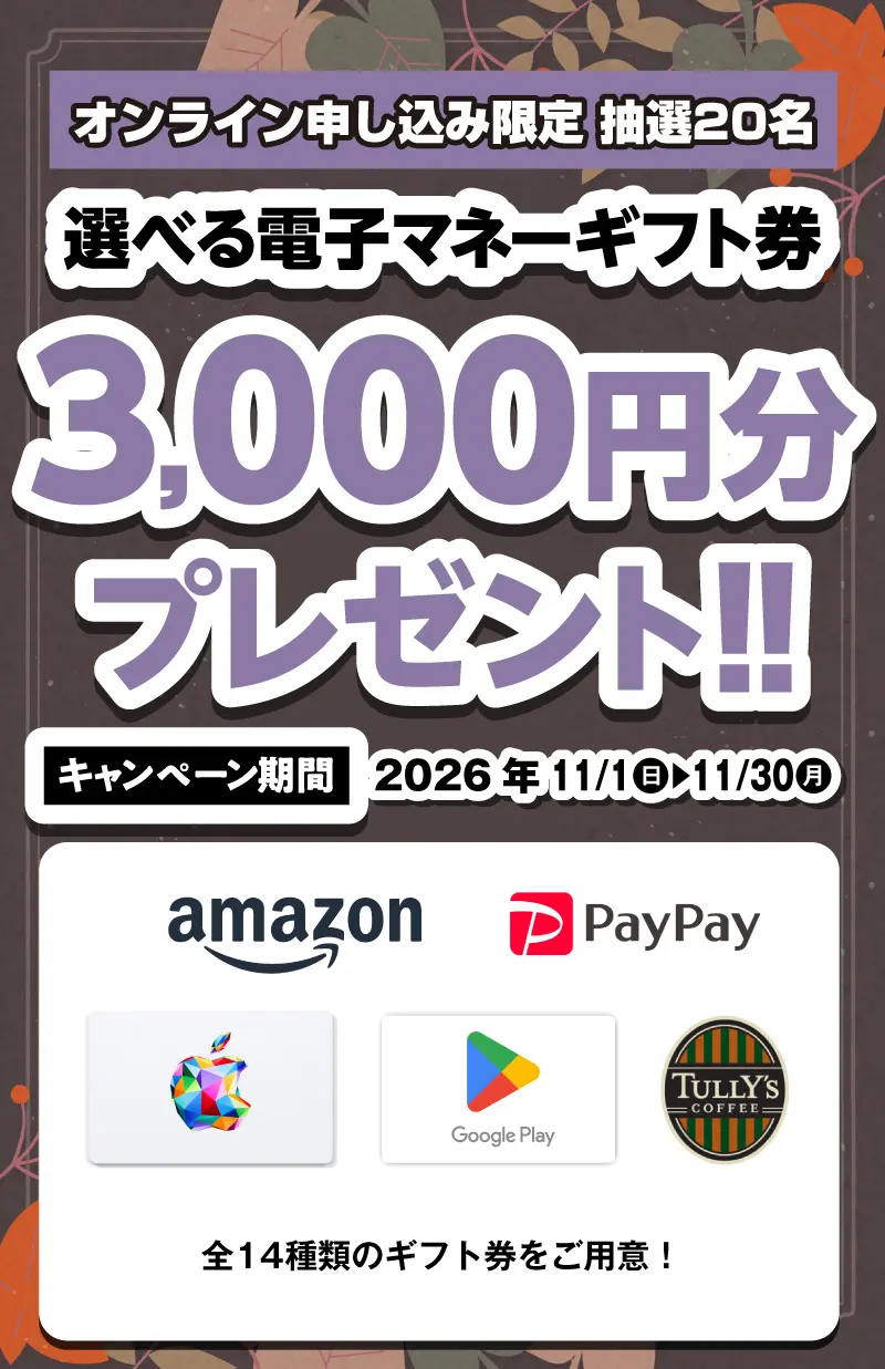 選べる電子マネーギフト券3,000円分プレゼント（キャンペーン期間：2026年11/1～11/30まで）