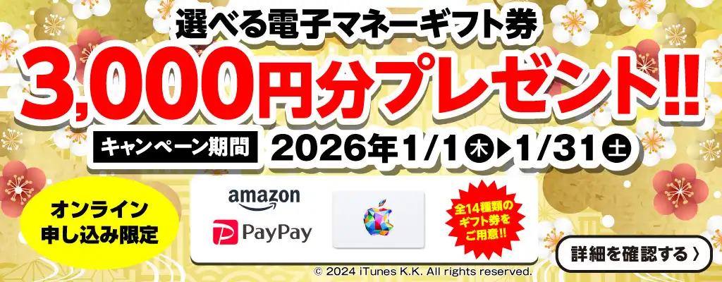 新春プレゼントキャンペーン！選べる電子マネーギフト券3,000円分プレゼント（2026年1/1～1/31まで）