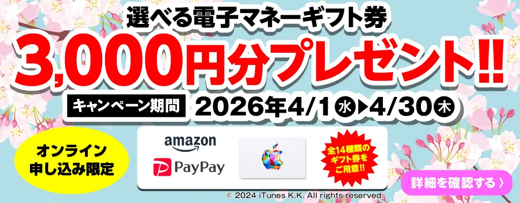 選べる電子マネーギフト券3,000円分プレゼント（キャンペーン期間：2026年4/1～4/30まで）