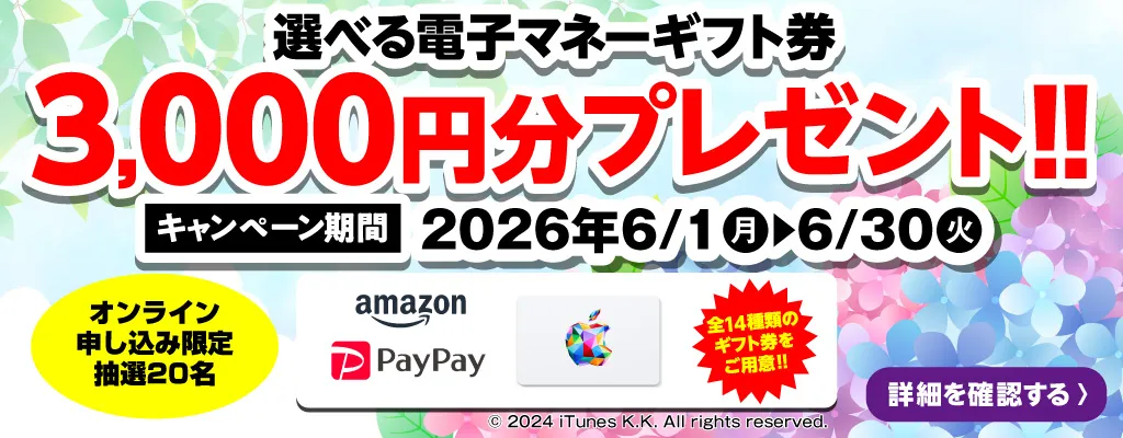 選べる電子マネーギフト券3,000円分プレゼント（キャンペーン期間：2026年6/1～6/30まで）