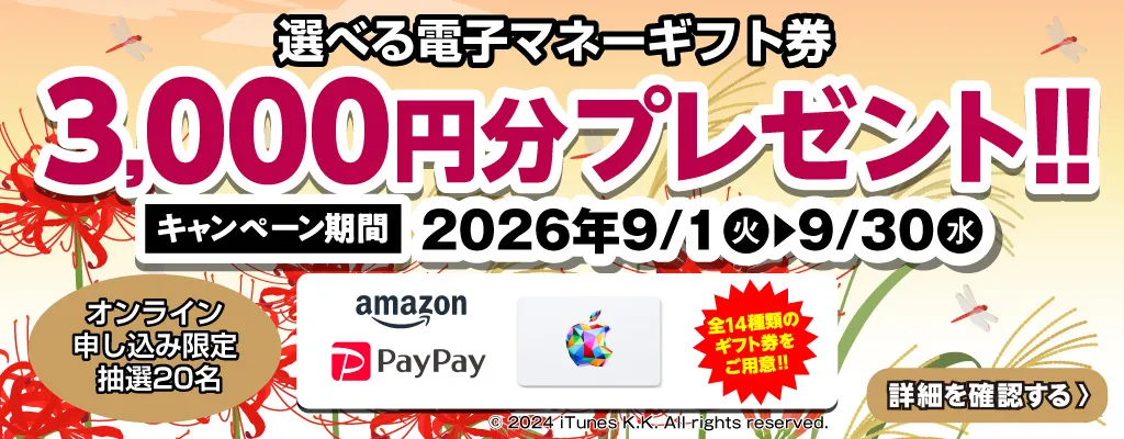選べる電子マネーギフト券3,000円分プレゼント（キャンペーン期間：2026年9/1～9/30まで）
