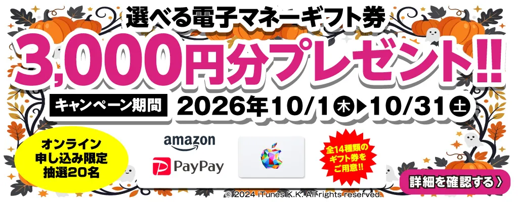 選べる電子マネーギフト券3,000円分プレゼント（キャンペーン期間：2026年10/1～10/31まで）