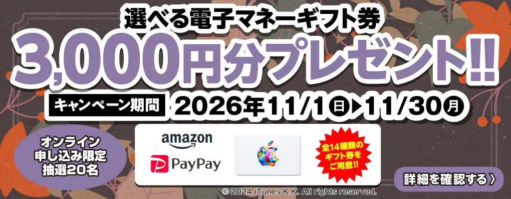 選べる電子マネーギフト券3,000円分プレゼント（キャンペーン期間：2026年11/1～11/30まで）