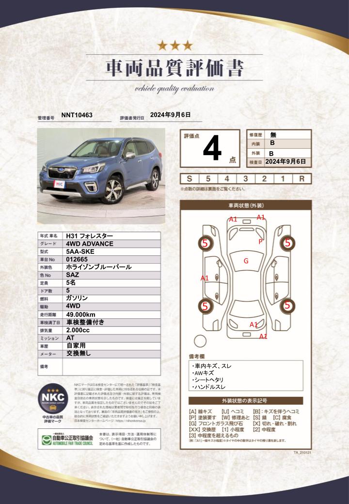 車両品質評価書