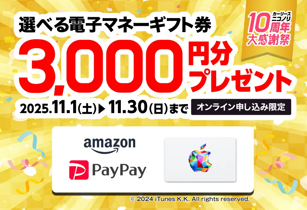 カーリースニコノリ10周年大感謝祭 選べる電子マネーギフト券3,000円分プレゼント（2025年11/1～11/30まで）