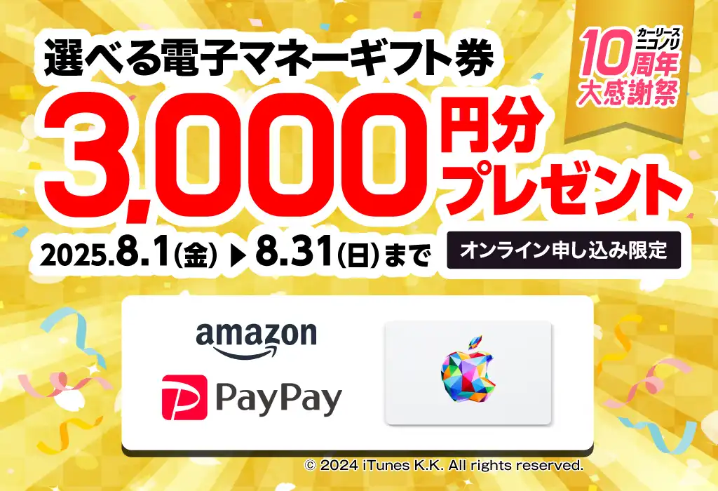 カーリースニコノリ10周年大感謝祭 選べる電子マネーギフト券3,000円分プレゼント（2025年8/1～8/31まで）