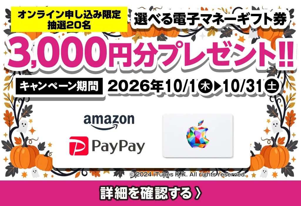 選べる電子マネーギフト券3,000円分プレゼント（キャンペーン期間：2026年10/1～10/31まで）
